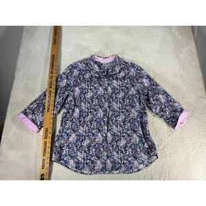 Allison Daley Womens Floral Button Front Blouse Blue Pink 100% Cotton Size 14